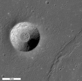 Laplace A crater and nearby wrinkle ridge (diagonal at across lower right). The question mark shows a potential landing site from which the rover could traverse Northwest across the ridge to the edge of the crater.