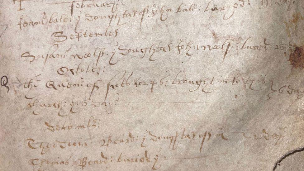 All Saints' Church parish record from 1612, with a line about the Queen of Scots' coffin lying overnight