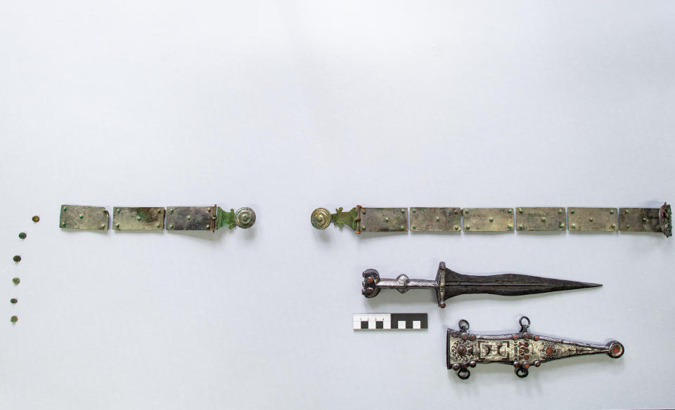 14 February 2020, North Rhine-Westphalia, Münster: A 2000 year old dagger and weapon belt of a legionary lies on a table of the LWL-Archaeology for Westphalia. Archaeologists of the Landschaftsverband Westfalen-Lippe (LWL) present an extraordinary weapon find of a legionary. A rare Roman weapon has been discovered in the Roman burial ground at Haltern am See and has been restored in an elaborate process. It's a dagger with a belt of arms. The experts from the LWL restoration workshop explain how 2000 year old metal and glass were made visible again. Photo: Guido Kirchner/dpa (Photo by Guido Kirchner/picture alliance via Getty Images)