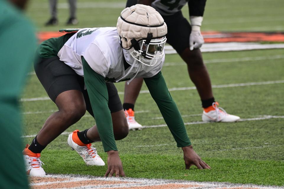 Florida A&M defensive lineman Allen Smith Jr. lines up for a play during the Rattlers' first day of spring football practice in pads on Ken Riley Field at Bragg Memorial Stadium in Tallahassee, Florida, Friday, March 8, 2024.