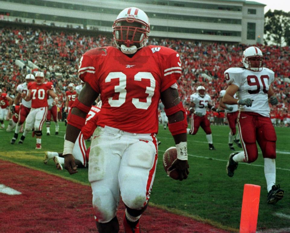 Wisconsin running back Ron Dayne scores one of his three touchdowns against Stanford in the Jan. 1, 2000, Rose Bowl.