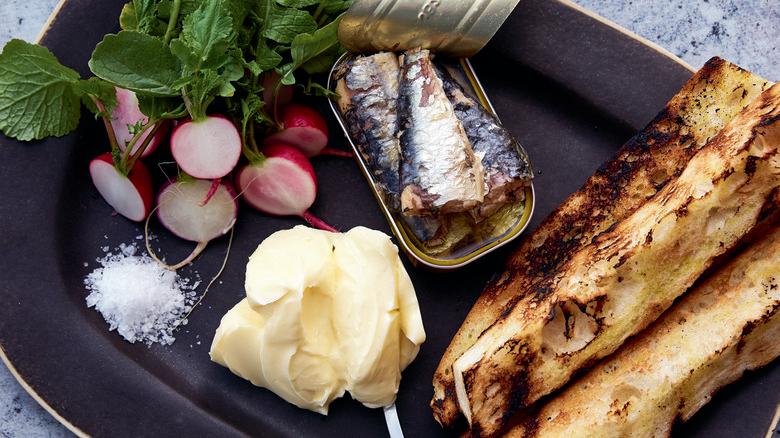 canned sardines butter bread radishes
