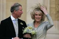 <p>Prince Charles and Camilla Parker Bowles got married, each for the second time, in a civil ceremony and religious blessing in 2005. The bride did not wear white, but the engagement ring the Prince proposed with was extremely traditional. </p>