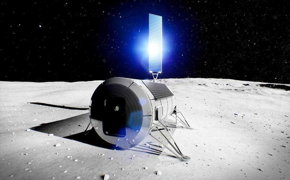 Artist's rendering of a Spacelab-inspired pressure module on the lunar surface to become part of a future lunar base.