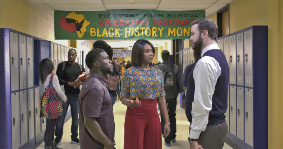 This image released by Universal Pictures shows Kevin Hart, from left, Tiffany Haddish and Taran Killam in a scene from the film, "Night School." (Universal Pictures via AP)