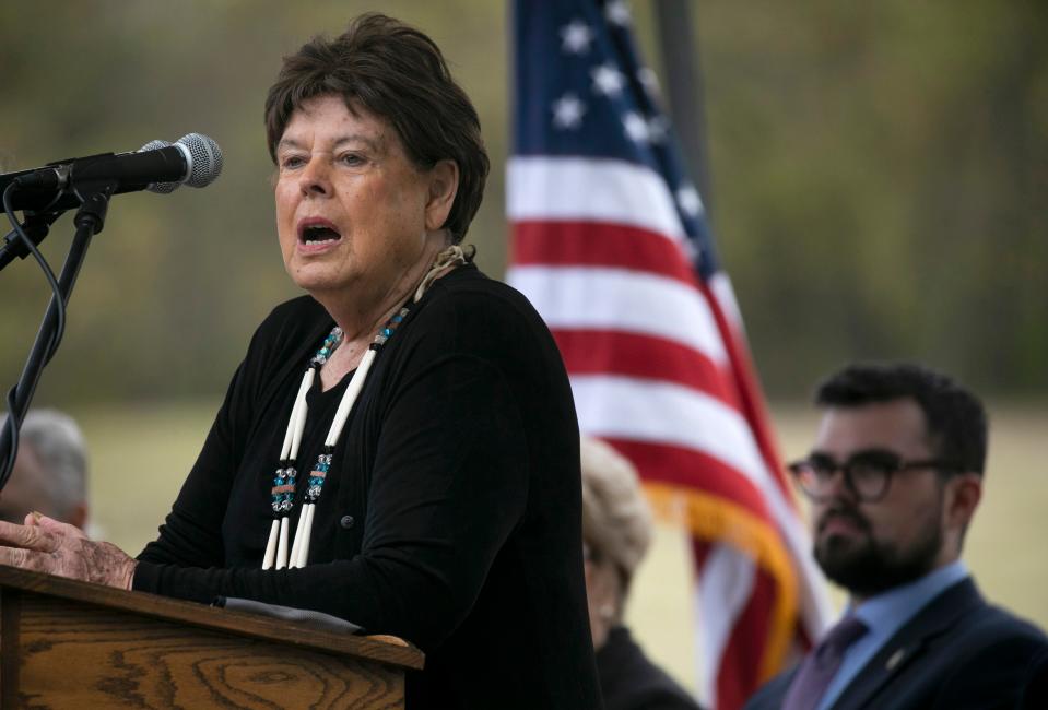 Chief Glenna Wallace, of the Eastern Shawnee Tribe of Oklahoma, speaks among a panel of speakers at the Hopewell Ceremonial Earthworks UNESCO World Heritage Inscription on October 14, 2023, in Chillicothe, Ohio.