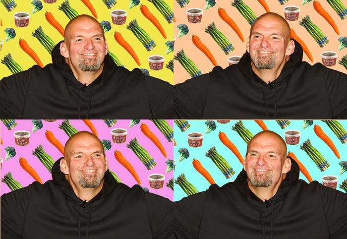 Quadrants of bald John Fetterman in a black hoodie; in the background is a collage of multicolored vegetable "crudité"