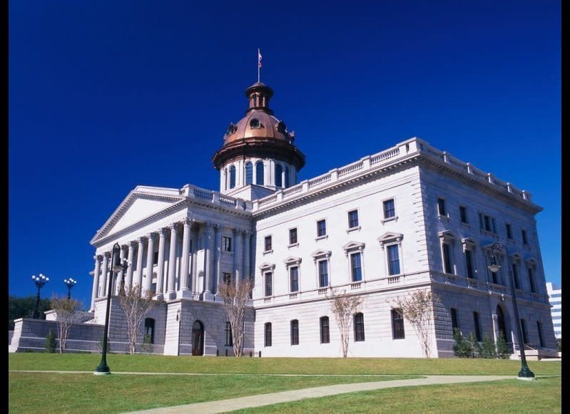 <strong>SOUTH CAROLINA STATE HOUSE  </strong>Columbia, South Carolina    <strong>Year completed: </strong>1903  <strong>Architectural style:</strong> Greek Revival  <strong>FYI:</strong> On the outside of the capitol, six bronze, star-shaped markers denote the spots where the building was hit with artillery during General Sherman’s Civil War march.  <strong>Visit: </strong>Guided tours are offered weekdays, from 9 a.m. to 5 p.m. Reservations are recommended for groups.