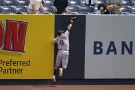 Detroit Tigers right fielder Robbie Grossman grabs a sacrifice fly hit by New York Yankees' Brett Gardner during the second inning of a baseball game at Yankee Stadium, Sunday, May 2, 2021, in New York. (AP Photo/Seth Wenig)