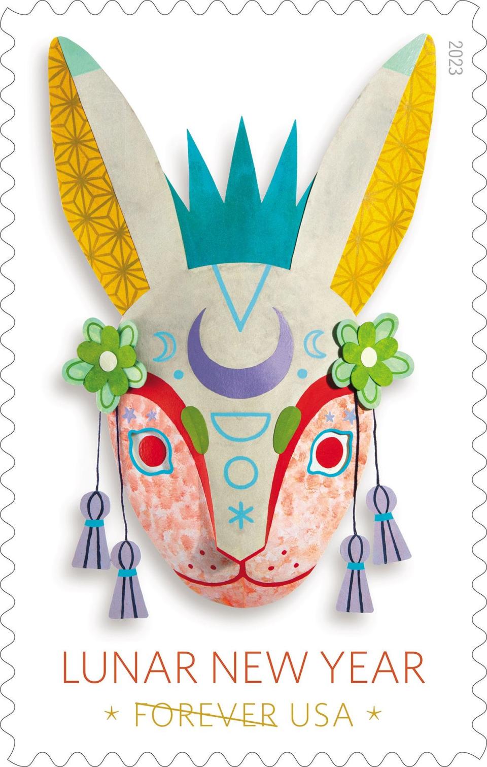 Even the United States Postal Service celebrates Lunar New Year with an annual stamp release. The Year of the Rabbit design is meant to evoke the decorated masks used in dragon or lion dances performed during Lunar New Year parades.