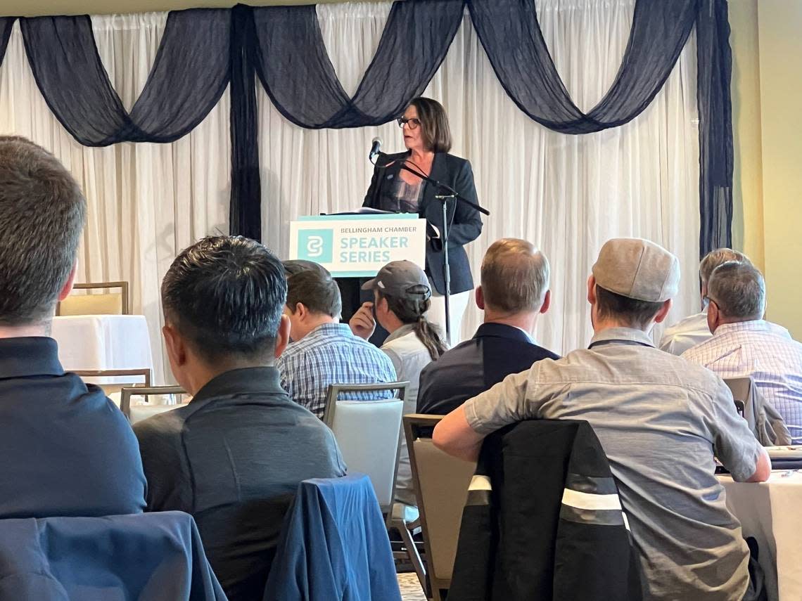 Andrea Doyle, Altagas’ manager of stakeholder and tribal relations for Whatcom County, outlined the company’s plans for a “green” hydrogen plant at a Bellingham Regional Chamber Commerce meeting at the Bellwether Hotel ballroom on Wednesday.