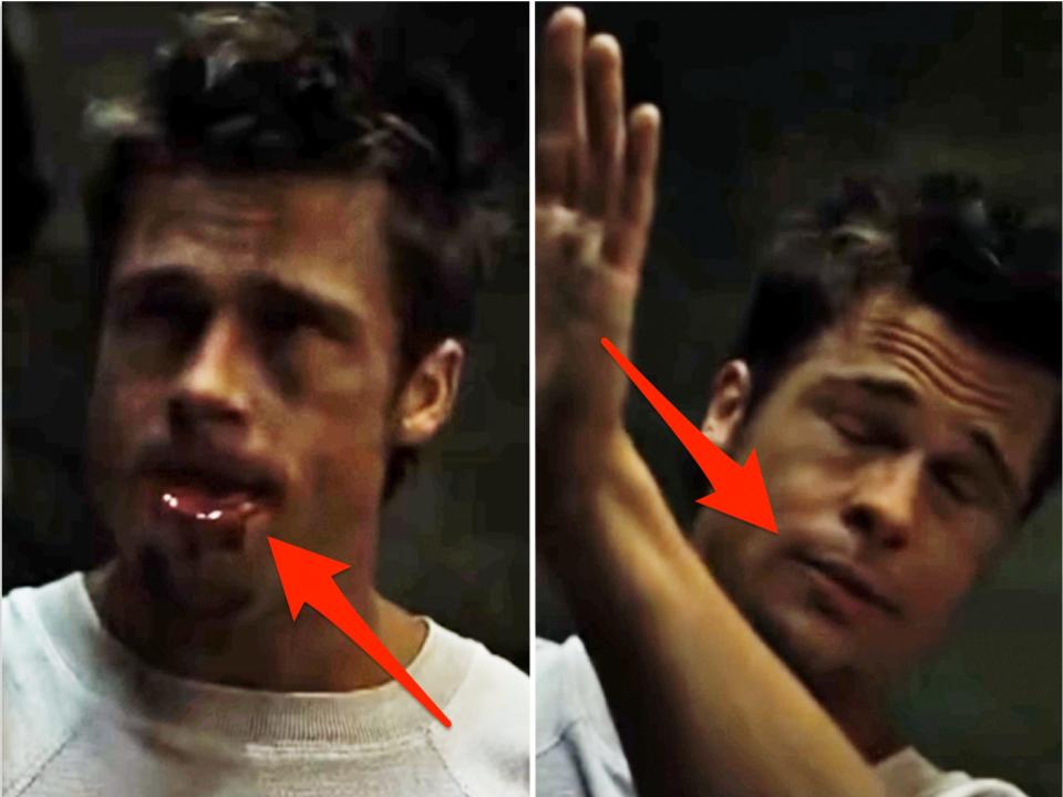 The blood on Tyler's face disappearing in "Fight Club" (1999).