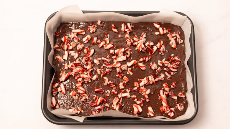 chocolate peppermint fudge in sheet pan 