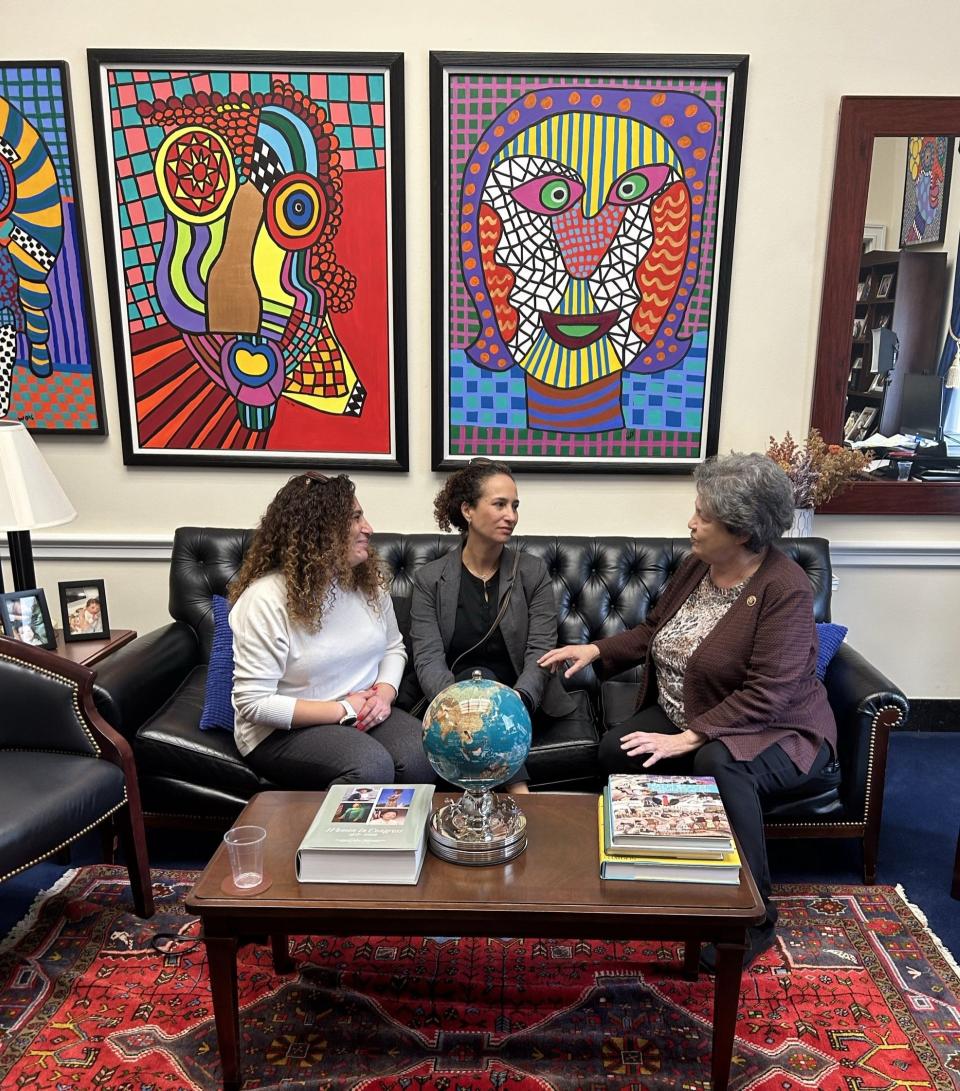 U.S. Rep. Lois Frankel meets with 3-year-old captive Abigail Mor Idan's relatives in her office in Washington, D.C. on Nov. 15. The family met with members of Congress to tell the story of the young girl whose parents were killed in the Oct. 7 attacks on Israel.