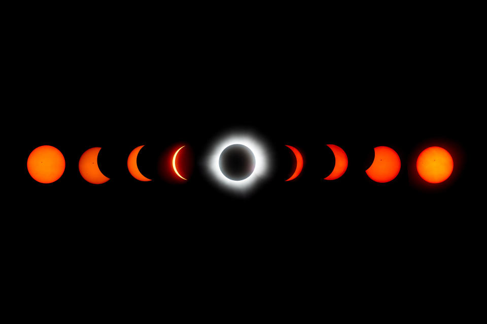 Multiple exposures were used in the creation of this digital composite image showing the full evolution of the eclipse on April 8, 2024, in Mazatlan, Mexico.  / Credit: HECTOR VIVAS / Getty Images