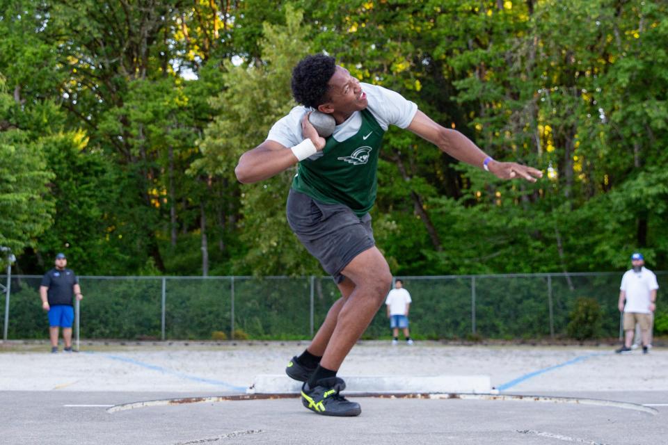 West Salem's Makai DeBerry wins the shot put during the CVC Track and Field District Championships at McCulloch Stadium on Friday, May 10, 2024, in Salem.