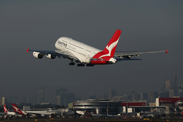 A Qantas A380 takes-off at Sydney Airport.