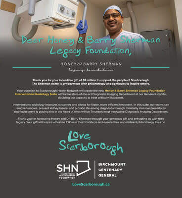 Gift announcement ad thanking the Honey and Barry Sherman Legacy Foundation for their $1 million donation to Scarborough Health Network.  (CNW Group/Scarborough Health Network Foundation)