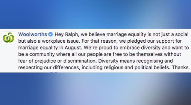 In response to some of the comments, a Woolworths' spokesperson stated its support for marriage equality. Photo: Facebook