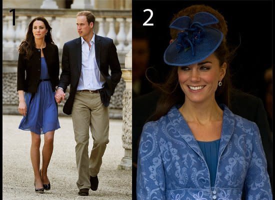 <strong>LOOK 1</strong>: Leaving Buckingham Palace the day after the Royal Wedding, wearing L. K. Bennett wedges.  <br>  <br><strong>LOOK 2</strong>: Celebrating Prince Phillip's 90th birthday on June 12, 2011 in a Jane Troughton brocade coat. (Getty photos)