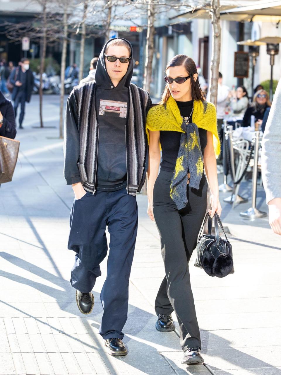 milan, italy february 23 bella hadid and marc kalman are seen during the milan fashion week fallwinter 20222023 on february 23, 2022 in milan, italy photo by arnold jerockigetty images