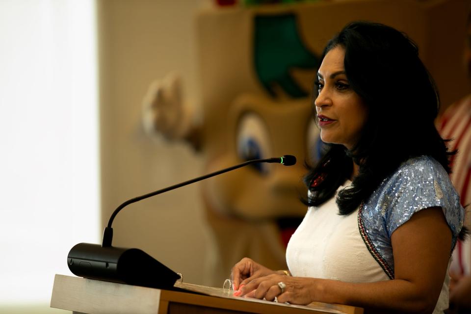 Corpus Christi Mayor Paulette Guajardo speaks at a news conference at Corpus Christi City Hall on June 20 to discuss her Big Bang Celebration in recognition of Independence Day.