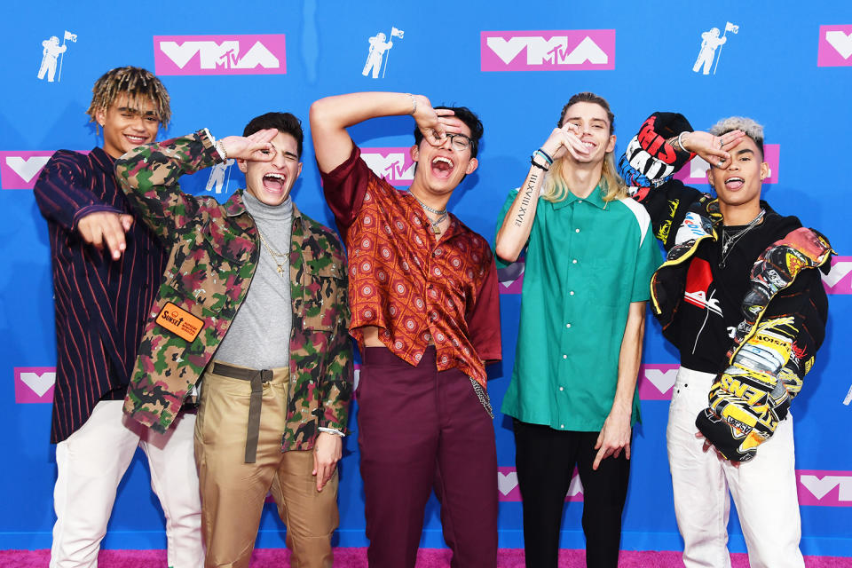 <p>From left to right: Zion Kuwonu, Nick Mara, Brandon Arreaga, Austin Porter and Edwin Honoret of PRETTYMUCH attend the 2018 MTV Video Music Awards at Radio City Music Hall on August 20, 2018 in New York City. (Photo: Nicholas Hunt/Getty Images for MTV) </p>