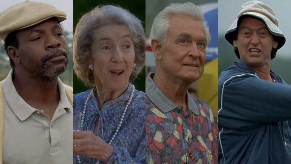 Side-by-side shot of Carl Weathers' Chubbs, Frances Bay's Grandma Gilmore, Bob Barker, and Joe Flaherty's Donald in Happy Gilmore