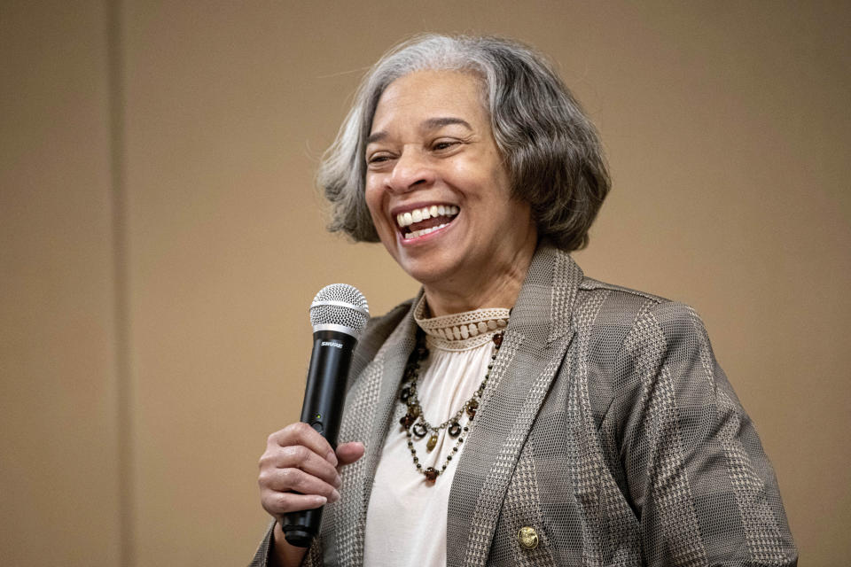 Terri Jamison, Democratic candidate for the Ohio Supreme Court, speaks during a candidates forum sponsored by the Arab American Voter Project and the Council on American-Islamic Relations in Cleveland, Wednesday, March 6, 2024. Jamison is currently an Ohio Court of Appeals Judge. The Ohio Supreme Court’s 4-3 Republican majority could flip to Democrats’ favor in the fall if the party sweeps the three seats up for election this year. (AP Photo/Phil Long)