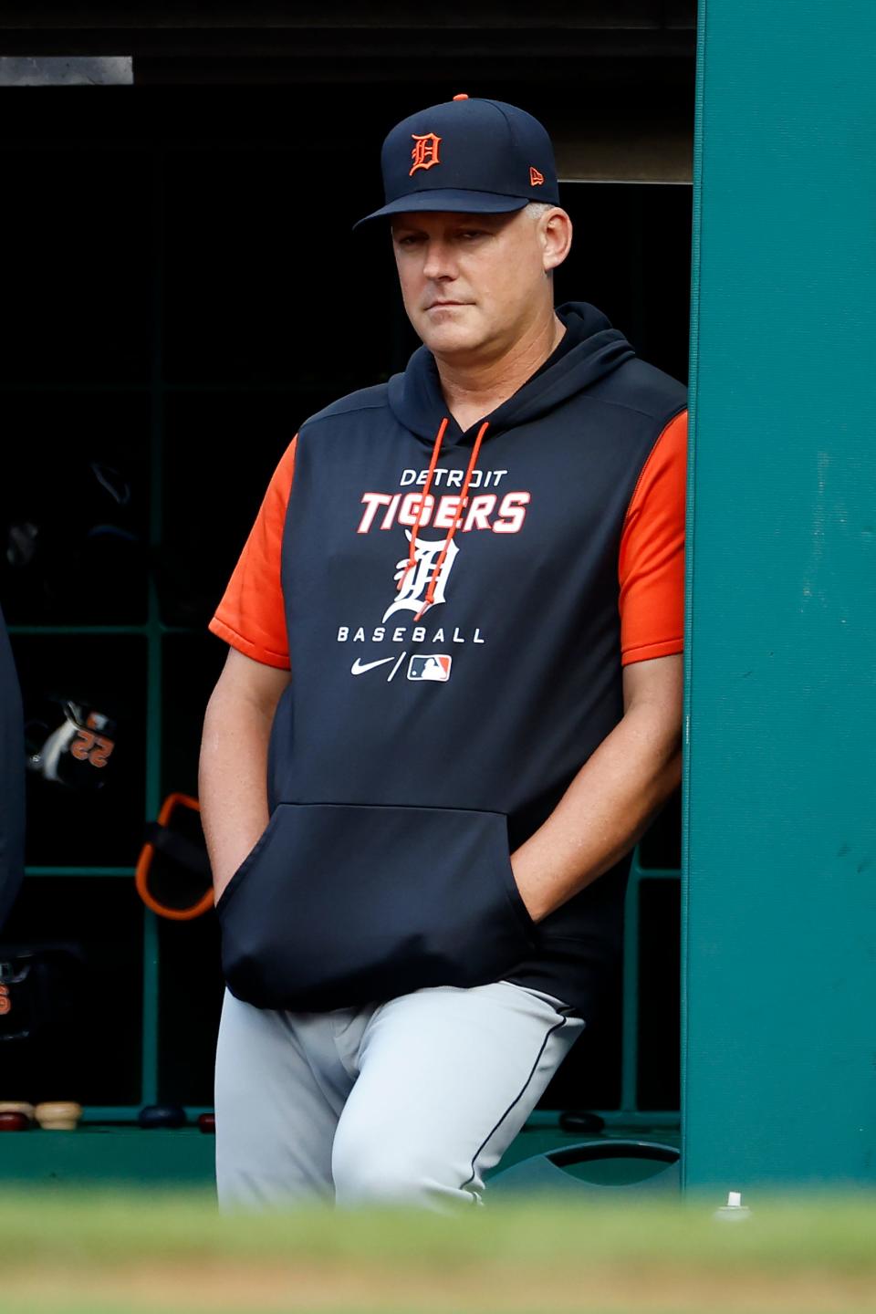 Tigers manager A.J. Hinch watches from the dugout during the first inning on Tuesday, Aug. 16, 2022, in Cleveland.