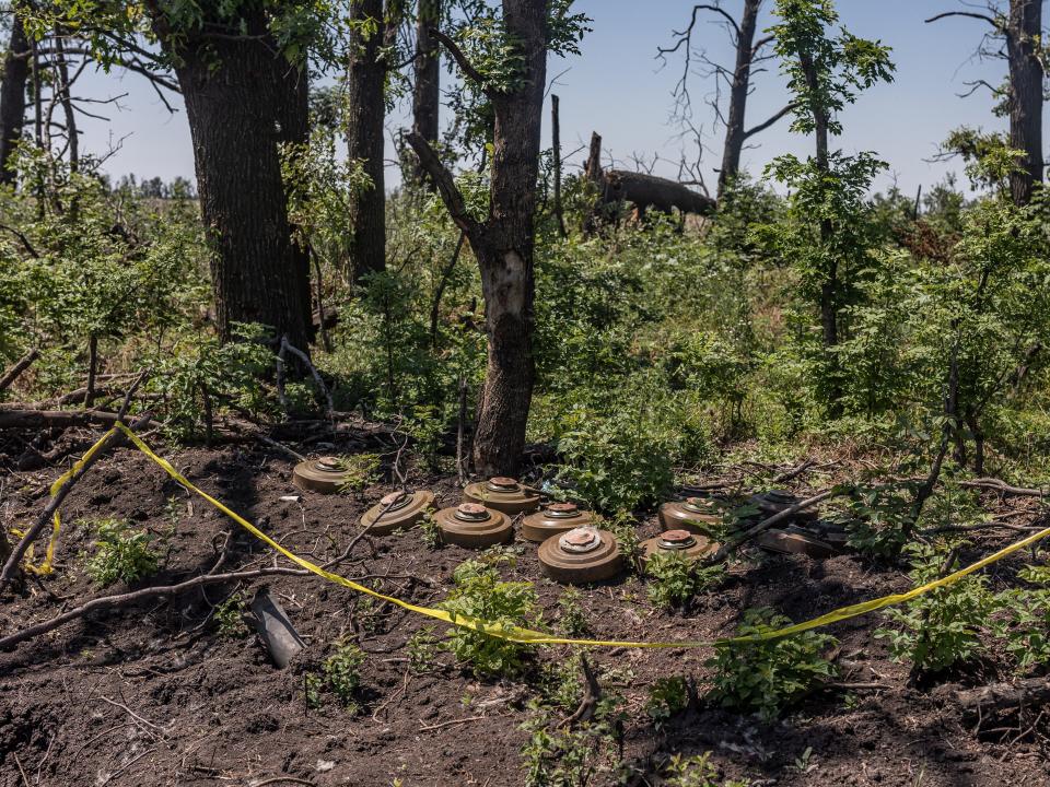 Anti-tank mines at a Russian position taken under control by the Ukrainian army in the direction of Velyka Novosilka, 13 July 2023.