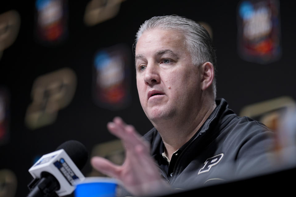 Purdue head coach Matt Painter speaks to the media during a news conference ahead of a NCAA college Final Four championship basketball game, Sunday, April 7, 2024, in Glendale, Ariz. (AP Photo/David J. Phillip)