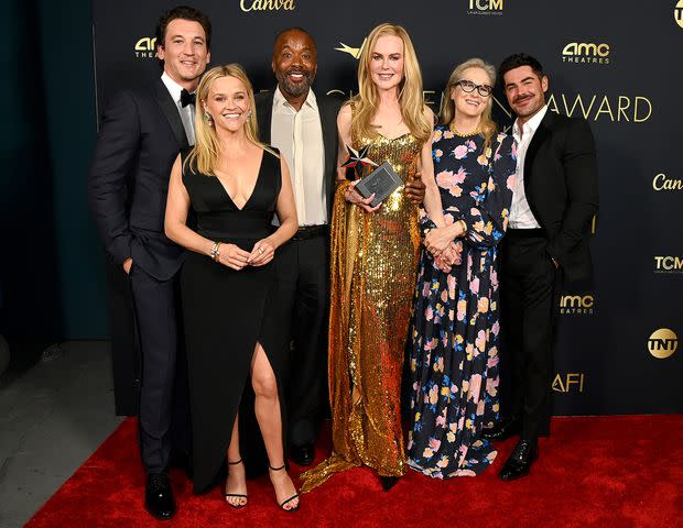 <p> Jon Kopaloff/Getty</p> Miles Teller, Reese Witherspoon, Lee Daniels, Nicole Kidman, Meryl Streep and Zac Efron attend the 49th AFI Life Achievement Award: A Tribute To Nicole Kidman on April 27