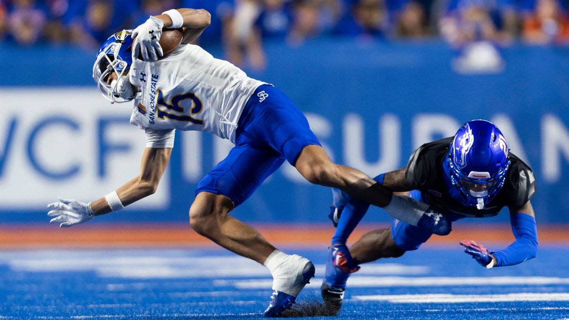Boise State cornerback A’Marion McCoy stops San Jose State wide receiver Matthew Coleman in the fourth quarter Oct. 7 at Albertsons Stadium.