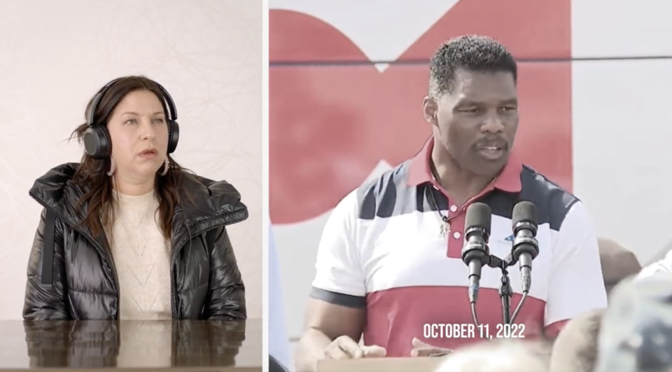 Side-by-side images of a woman wearing headphones with a blank look on her face and of Herschel Walker standing before two microphones.