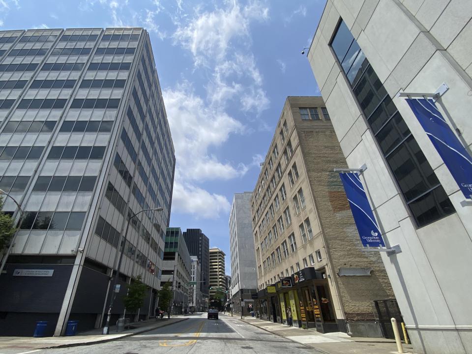 The intersection of Decatur and Kimball at Georgia State University is shown on Tuesday, Aug. 2, 2022, in Atlanta. Few have been taught about the 1906 Atlanta Race Massacre, which shaped the city’s geography, economy, society and power structure in lasting ways. Much like the Red Summer of 1919 in the South and Northeast and the Tulsa Race Massacre of 1921 in Oklahoma would years later, the white-on-Black violence in Atlanta shattered dreams of racial harmony and forced thousands from their homes. (AP Photo/Alex Sanz)