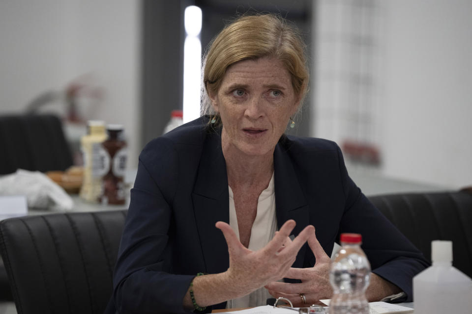 U.S. Agency for International Development Administrator Samantha Power speaks during a meeting with U.S. Army officers and members of the Israeli Army at the Site 61 Israeli military base near Ashdod, Israel, Thursday, July 11, 2024. (AP Photo/Leo Correa)