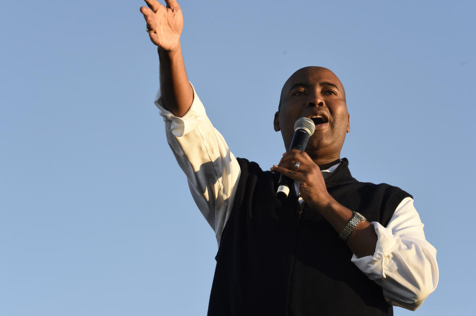 Democratic U.S. Senate candidate Jaime Harrison speaks at a campaign rally on Saturday, Oct. 17, 2020, in North Charleston, S.C. (AP Photo/Meg Kinnard)