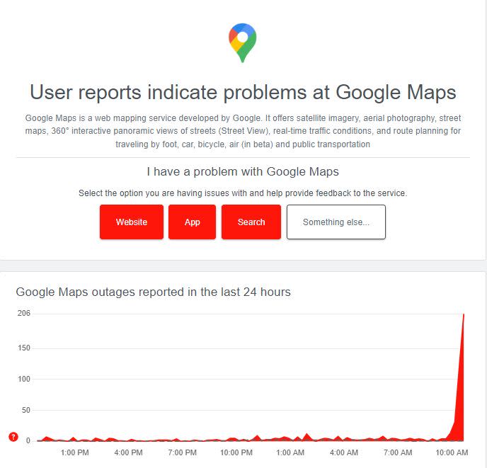 Google地圖發生異常狀況。（圖／翻攝自Downdetector）