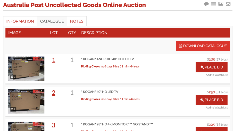 The Australia Post Uncollected Goods Online Auction is pictured.