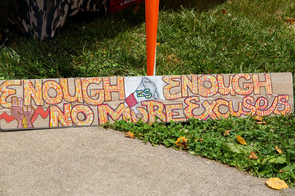 A Juneteenth sign is displayed during a 2020 Juneteenth event at Goodale Park.