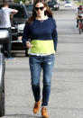 Celebrities in neon fashion: Jennifer Garner dressed down a lime green jumper.<br><br>[Rex]