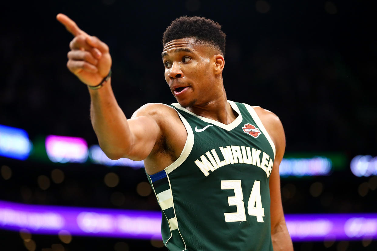 BOSTON, MA - OCTOBER 30:  Giannis Antetokounmpo #34 of the Milwaukee Bucks reacts during a game against the Boston Celtics at TD Garden on October 30, 2019 in Boston, Massachusetts. NOTE TO USER: User expressly acknowledges and agrees that, by downloading and or using this photograph, User is consenting to the terms and conditions of the Getty Images License Agreement. (Photo by Adam Glanzman/Getty Images)