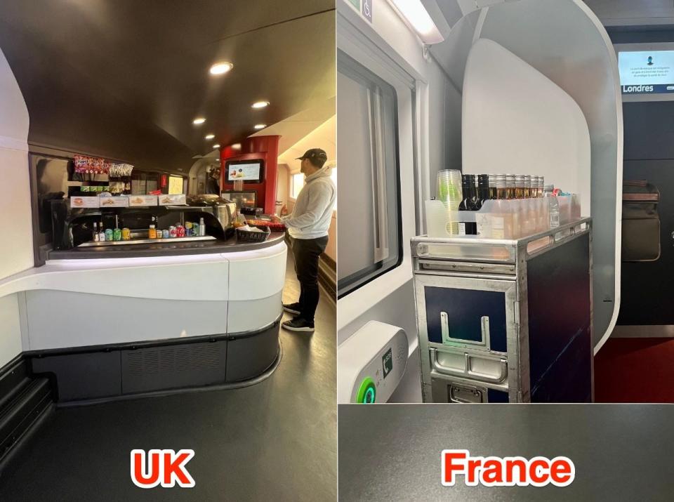 The café onboard the Eurostar (L) and a trolley with food and drinks served to standard premier class passengers (R).