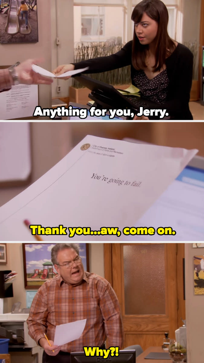 April handing a paper to Jerry while saying "anything for you" but when Jerry reads the paper it says "You're going to fail"