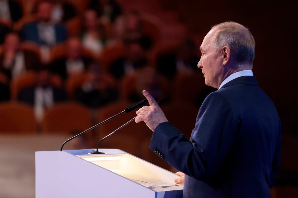 Russian President Vladimir Putin delivers his speech during the 17th Congress of the Russian Union of Industrialists and Entrepreneurs (RSPP) at the Moscow International House of Music in Moscow (AP)