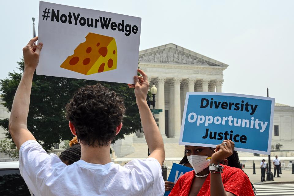 Supporters of affirmative action protest outside the Supreme Court in Washington on Thursday, June 29, 2023. The Supreme Court’s ruling on affirmative action was largely silent on employment-related questions. (Kenny Holston/The New York Times)