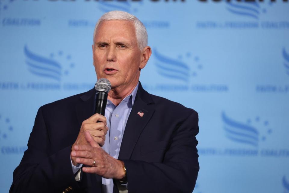 Former Vice President Mike Pence speaks to guests at the Iowa Faith & Freedom Coalition Spring Kick-Off on April 22, 2023 in Clive, Iowa. Iowa is scheduled to hold the first Republican presidential nominating contest of 2024, on Feb. 5.