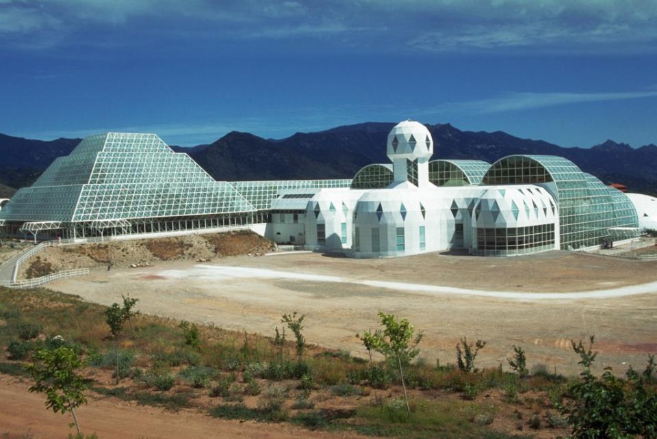 Exterior of the man-made Biosphere 2, a three-acre world replicating earth, outside Tucson, via Getty Images