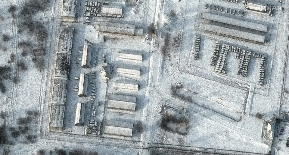 A satellite image of troops and ground forces equipment deployed in Klimovo, 13km north of Ukraine, is seen which appears to show Russian troops and ground forces equipment deployed.